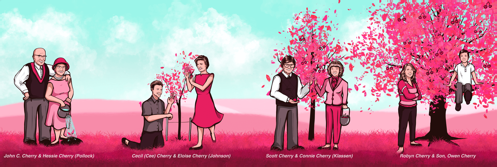 Cherry Insurance family illustration showing four generations of the Cherry family from 1945 to today