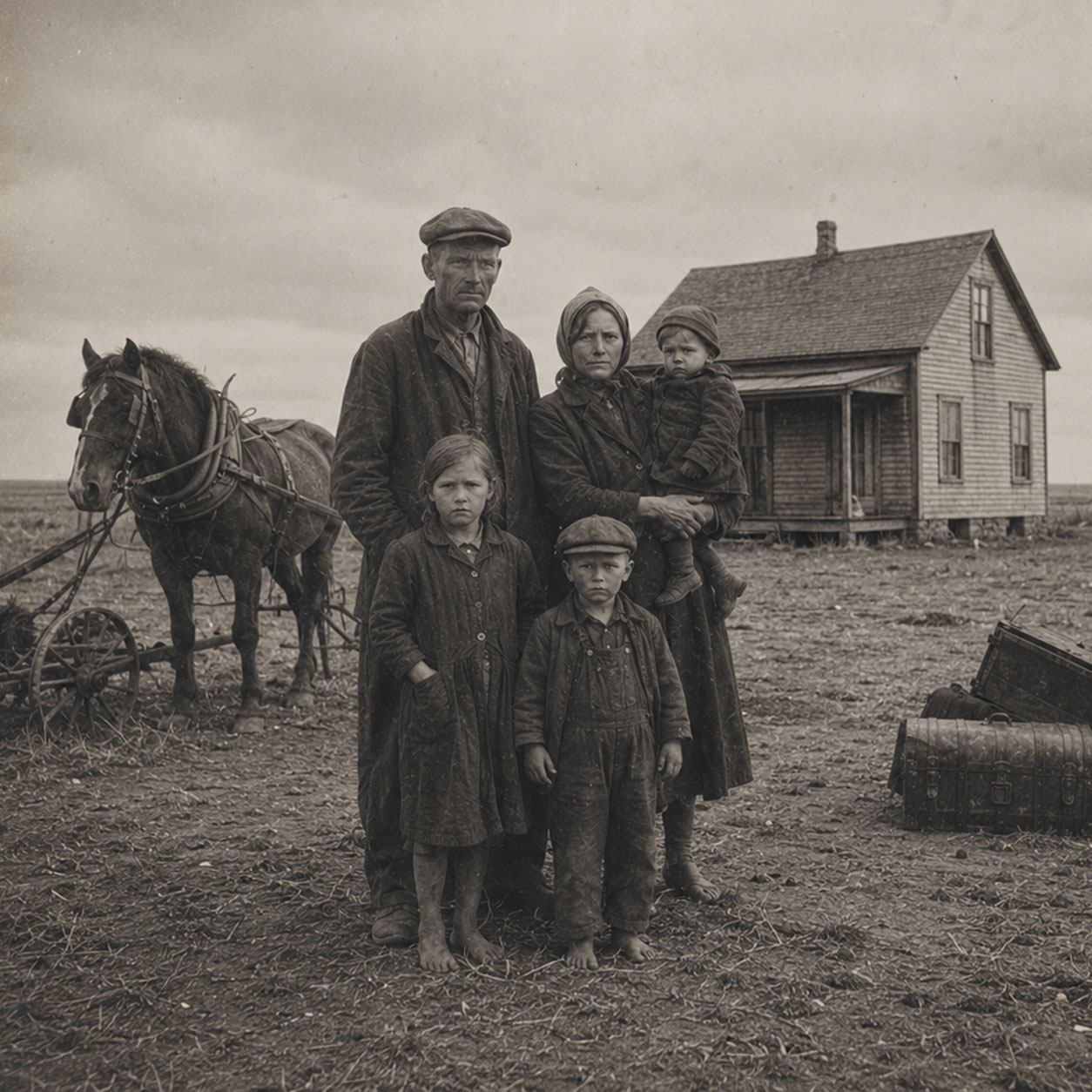 Depression-era prairie family standing outside their farmhouse with belongings packed, representing the Cherry family losing their farm in the 1930s
