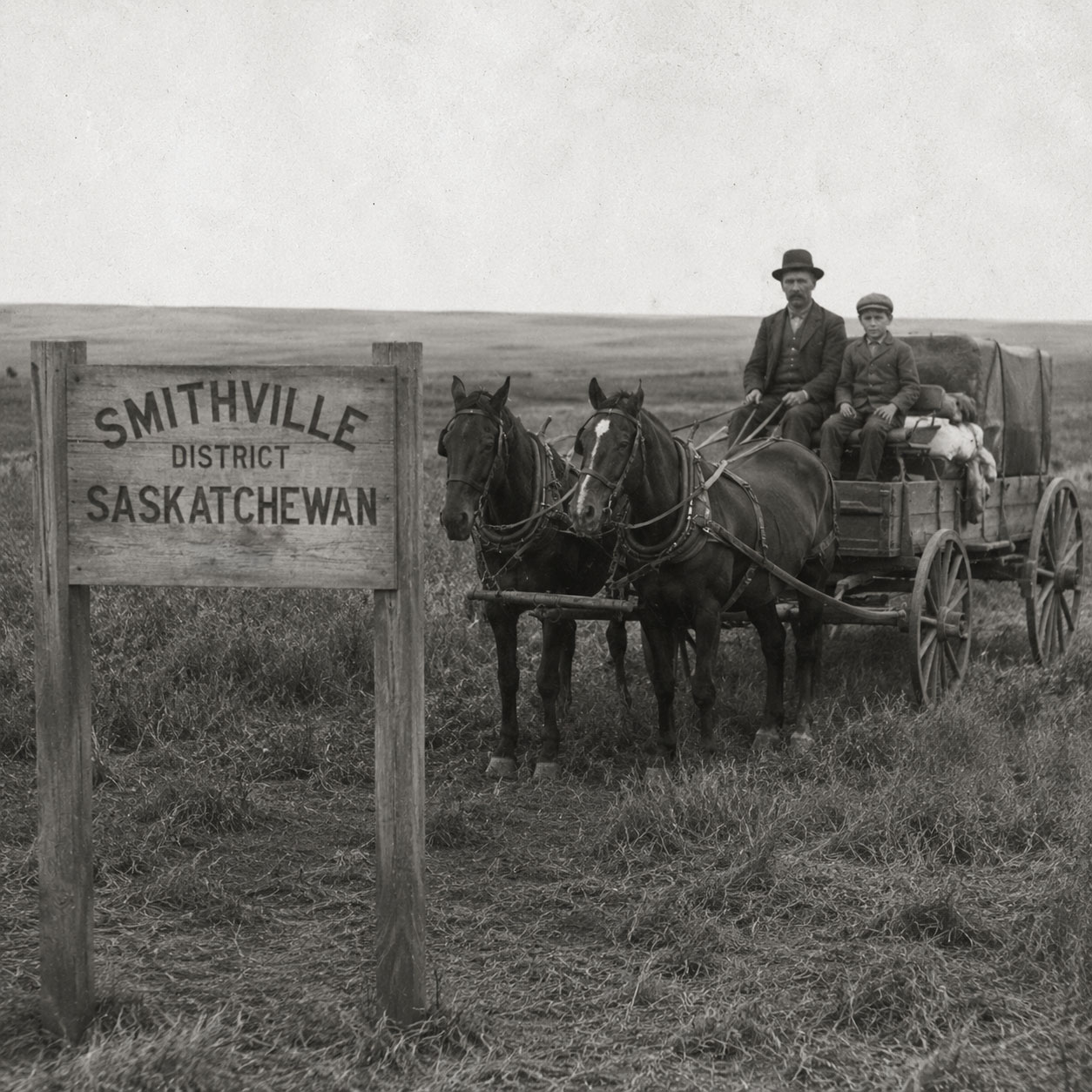 1896 photo of Isaac Cherry and his son John arriving at Smithville District, Saskatchewan by horse-drawn wagon