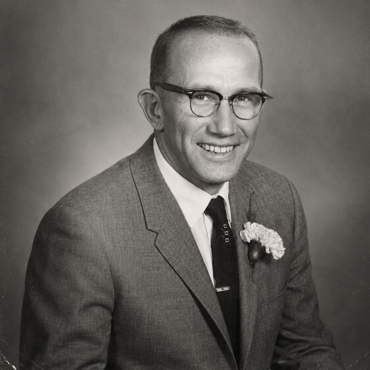 Portrait of John Cherry, founder of Cherry Agencies Ltd., wearing a suit with a carnation boutonnière