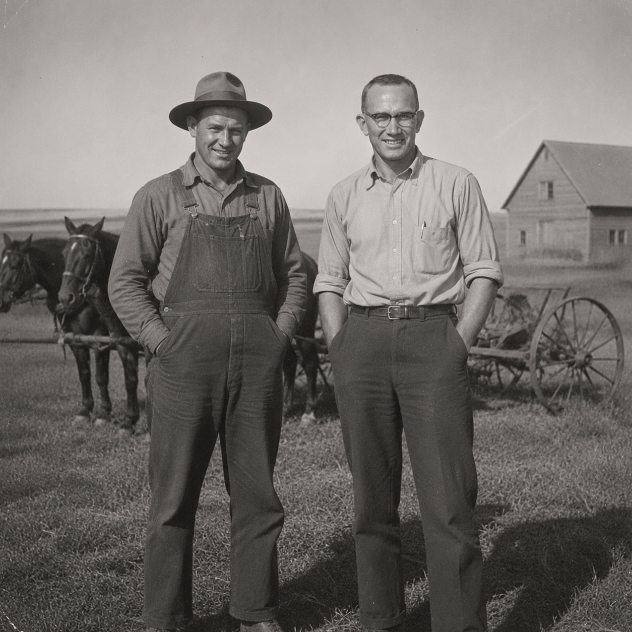 Black-and-white photo of John Cherry and his brother on the family farm in 1927