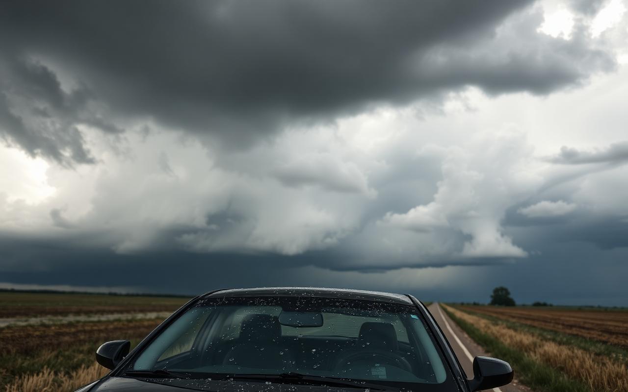 Storm clouds over a car on a Saskatchewan prairie road
