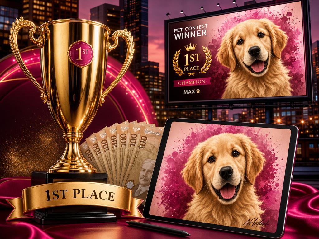 1st Place prize package: $1,000 cash, custom digital pet portrait, billboard feature, and social media spotlight