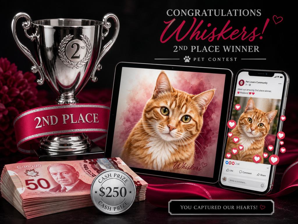 2nd Place prize package: $500 cash, custom digital pet portrait, billboard feature, and social media spotlight