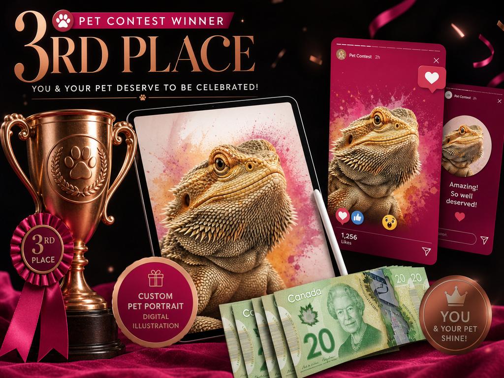 3rd Place prize package: $300 cash, custom digital pet portrait, billboard feature, and social media spotlight